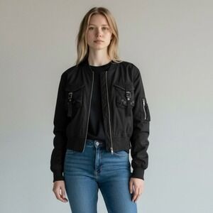 Clash Jeans USA Trendy Cropped Black Bomber‎ Utility Jacket